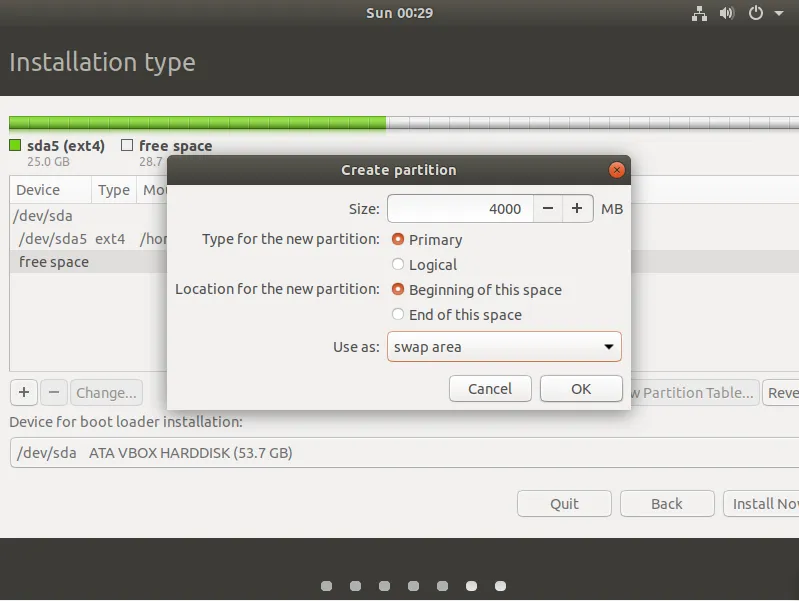 تقسيم القرص الصلب اثناء تثبيت Ubuntu كنظام اساسي