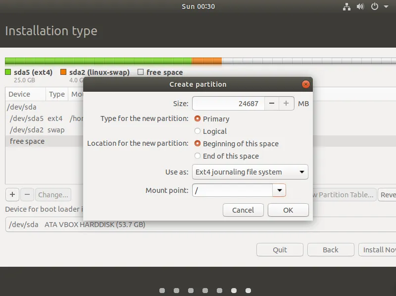 تقسيم القرص الصلب اثناء تثبيت Ubuntu كنظام اساسي