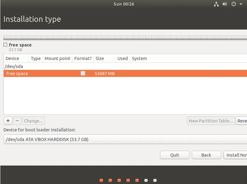 تقسيم القرص الصلب اثناء تثبيت Ubuntu كنظام وهمي: