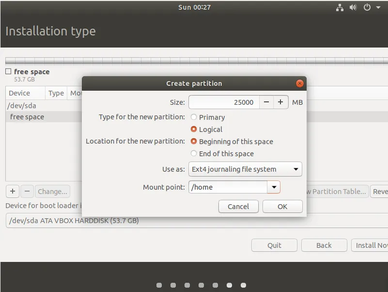 طريقة تقسيم القرص الصلب اثناء تثبيت Ubuntu كنظام وهمي: