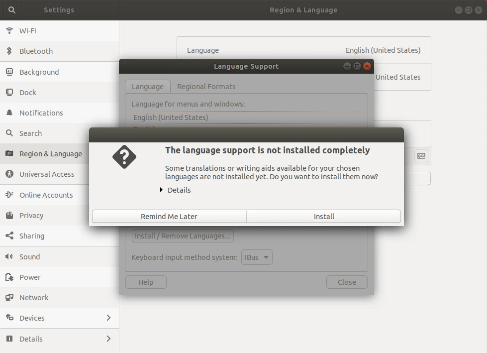 اضافة لغات لوحة المفاتيح في Ubuntu