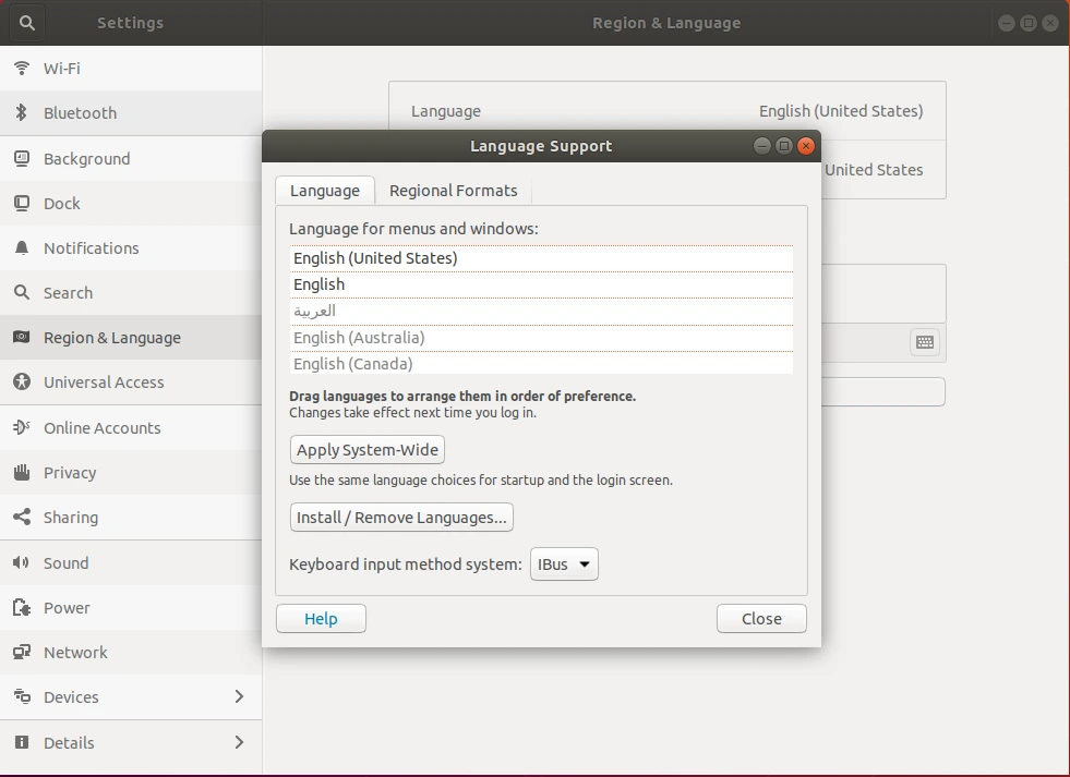 اضافة لغات للوحة المفاتيح في Ubuntu